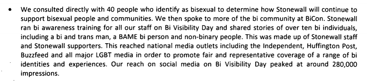 Stonewall's 2015 report is clear about how radical the change was: New purpose, new brand, new website, new business model, new slogan. It consulted 700 trans people. That's a huge sample, considering they could only find 40 people for a bi consultation. How was it selected?