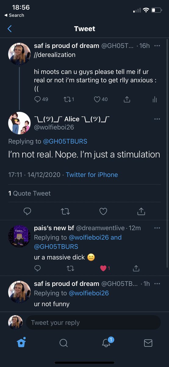 // derealization 5) making fun of derealizationthis is them on their old account made a joke on my comments a while ago about derealization