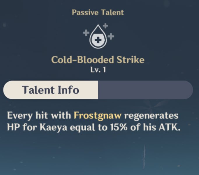 kaeya passive talent allows him to regenerate HP and his C4 triggers a shield for him when his HP hits a critical rate. it is as if he is designed to support himself in battle since he doesn’t have anyone else to rely on. he is his own healer and his own shield.
