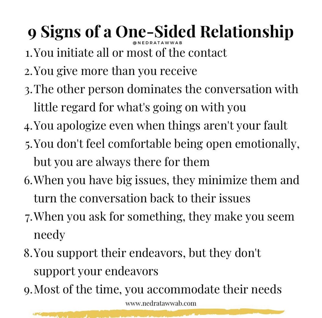 9 signs of a one-sided relationship• i needed this reminder. we could all  use this reminder, because history with people will make us settle in areas  where we shouldn't., image size:1125x1110
