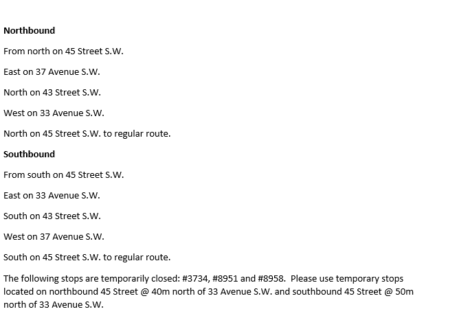 calgarytransit's tweet photo. #CTRiders DETOUR #Route93 April 24 through Sunday, April 25 at 7 p.m., 45 Street @ 35 Avenue S.W. is closed for water repairs. Stop# 3734, 8951 and 8958 are temporarily closed. https://t.co/0jlWa2uws1