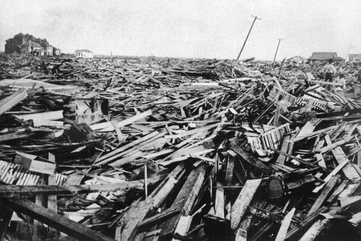 Galveston: In 1900, Galveston, population 36,000, was obliterated, making it the site of the worst natural disaster in US history, a sad record it retains to this day. 6,000 to 12,000 were killed, thousands of buildings wiped out, etc.