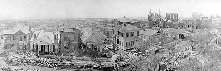 Galveston: In 1900, Galveston, population 36,000, was obliterated, making it the site of the worst natural disaster in US history, a sad record it retains to this day. 6,000 to 12,000 were killed, thousands of buildings wiped out, etc.