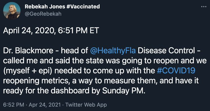 April 24, 2020, 6:51 PM ETJones includes herself with the epidemiology team.This is fallacious: The epi team's job was to determine reopening metrics; Jones' job was to display the info on the dashboard.These are real, but different, jobs.
