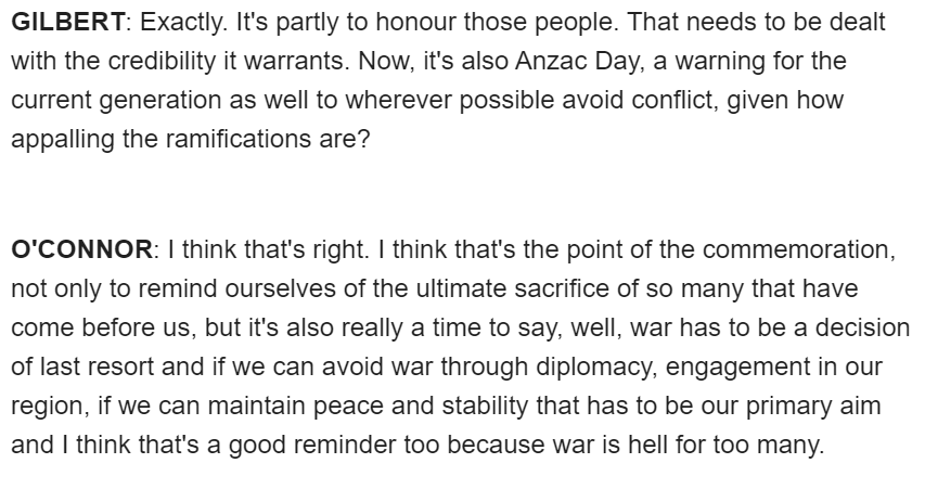 6) Shadow Defence Minister Brendan O'Connor says Anzac reminds us that war must be the last resort.