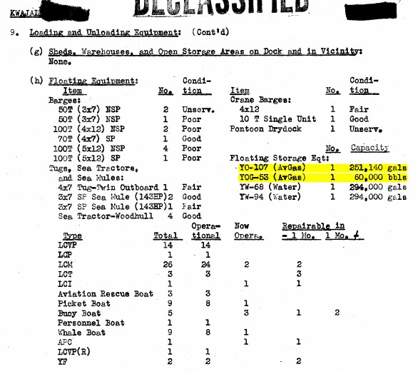 In June 1945, Kwajalein was not under COMSERVRON 10. It will be our baseline for comparison.You see Cincpac Logistic Report (Form B) is now calling pontoon lighterage as 'barges' or "tugs" & YOGL barges are now listed as "Floating Storage Eqt" as compared to tweets 22/, 110/