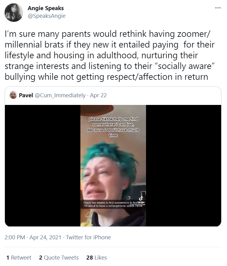 actually you know I'm not beating around the bush: this response by angie speaks to a schizophrenic teen being kicked out of their home because their mom won't stop deadnaming them is fucking repugnant, and I hope finally dispels any illusion that anyone should take her seriously