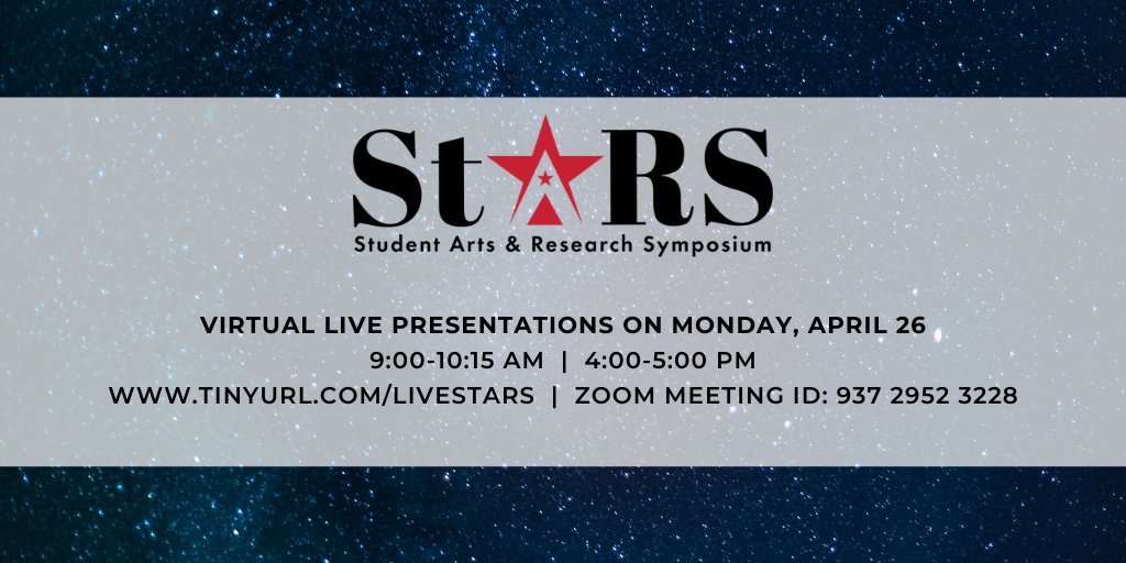 BSU Undergraduate Research (@bsu_ur) on Twitter photo Support our <a href="/BridgeStateU/">Bridgewater State University</a> students presenting live today at the Student Arts and Research Symposium (StARS)! Presentations begin at 9:00am and 4:00pm. Click on the following link to join the session: tinyurl.com/livestars (or enter this Zoom Meeting ID 937 2952 3228). Support our <a href="/BridgeStateU/">Bridgewater State University</a> students presenting live today at the Student Arts and Research Symposium (StARS)! Presentations begin at 9:00am and 4:00pm. Click on the following link to join the session: tinyurl.com/livestars (or enter this Zoom Meeting ID 937 2952 3228).