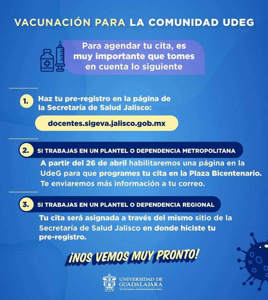 rvillanueval's tweet photo. A nuestra #ComunidadUdeG, les comparto información sobre la vacunación contra #Covid19 que se realizará la próxima semana. El proceso será diferente para personal que labora en el área metropolitana y para quienes laboran en planteles regionales. https://t.co/IQAVURaKTt