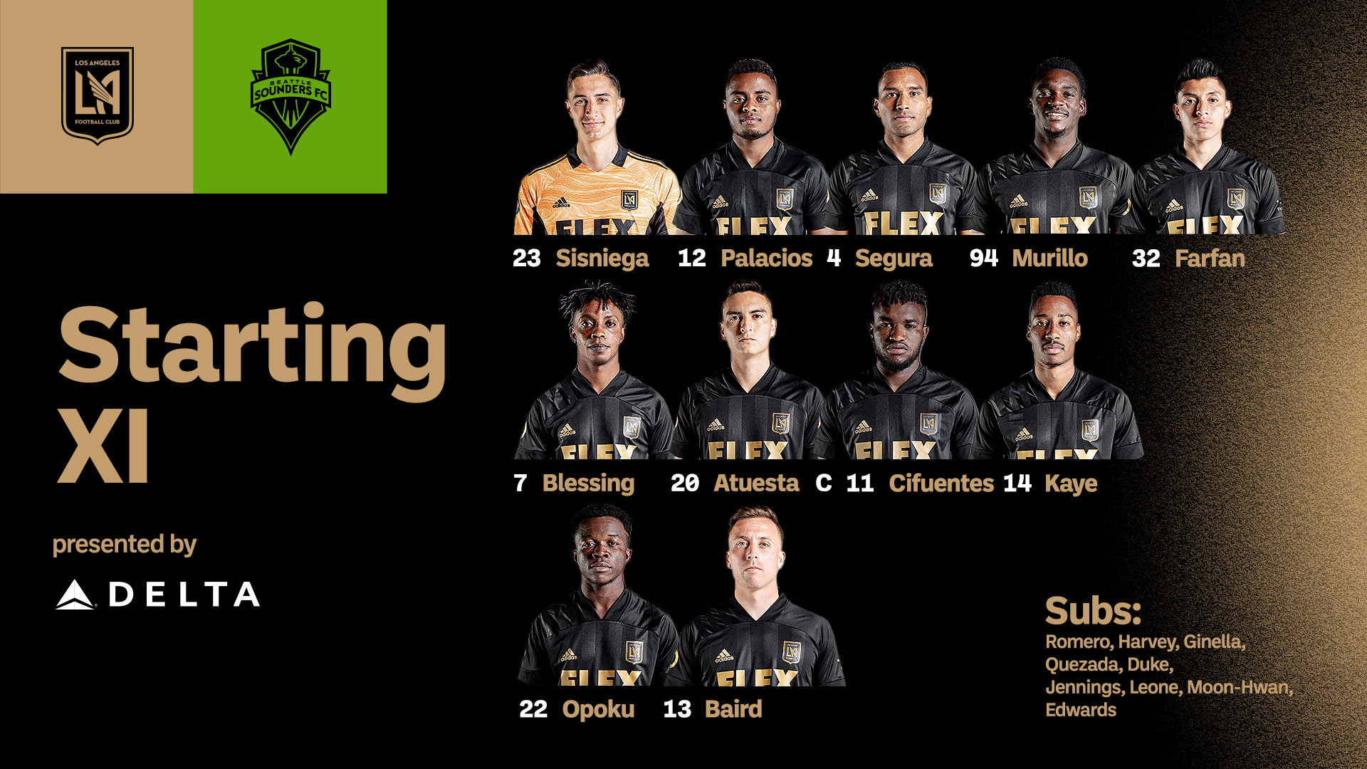 LAFC on X: The #LAFC Starting XI vs. @SoundersFC. Today's lineup is  presented by @Delta. #LAFCvSEA  / X