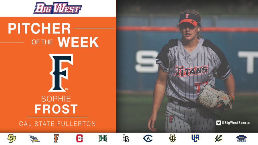 TOP OF THE 5TH

#BigWest Pitcher of the Week Sophie Frost is dealing in the circle &amp; continues keep the Gauchos batters in check. Titans still lead 9-2.

USCB - 2
CSUF - 9