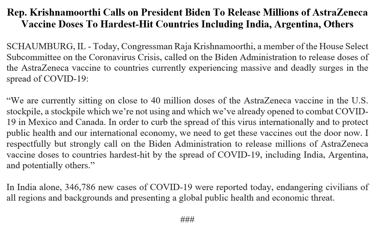 CongressmanRaja's tweet image. We need to release our stockpile of unused AstraZeneca vaccines now. In India alone, almost 350,000 COVID-19 cases were reported today. When people in India and elsewhere desperately need help, we can't let vaccines sit in a warehouse, we need to get them where they'll save lives