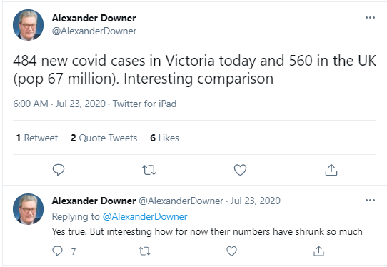 July 23, 2020In a subtle attempt to undermine Dan Andrews in the middle of a 2nd wave, Downer compares VIC to UKDowner was awfully quiet about UK's statistics later in 2020 when UK recorded massive numbers of cases & deaths & VIC was virtually COVID-free  #auspol  #insiders