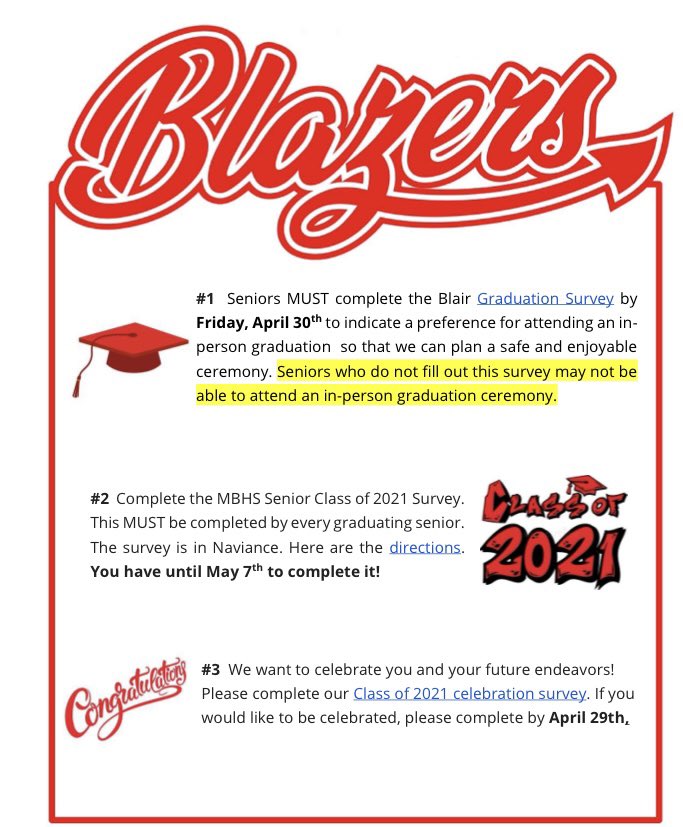 RenayCJohnson's tweet photo. Seniors, please see the survey link below and complete the 3 surveys as soon as possible.🎓 We want to hear from you! 🎓 https://t.co/a2dh7QEnjB https://t.co/mWkOFgXUOq