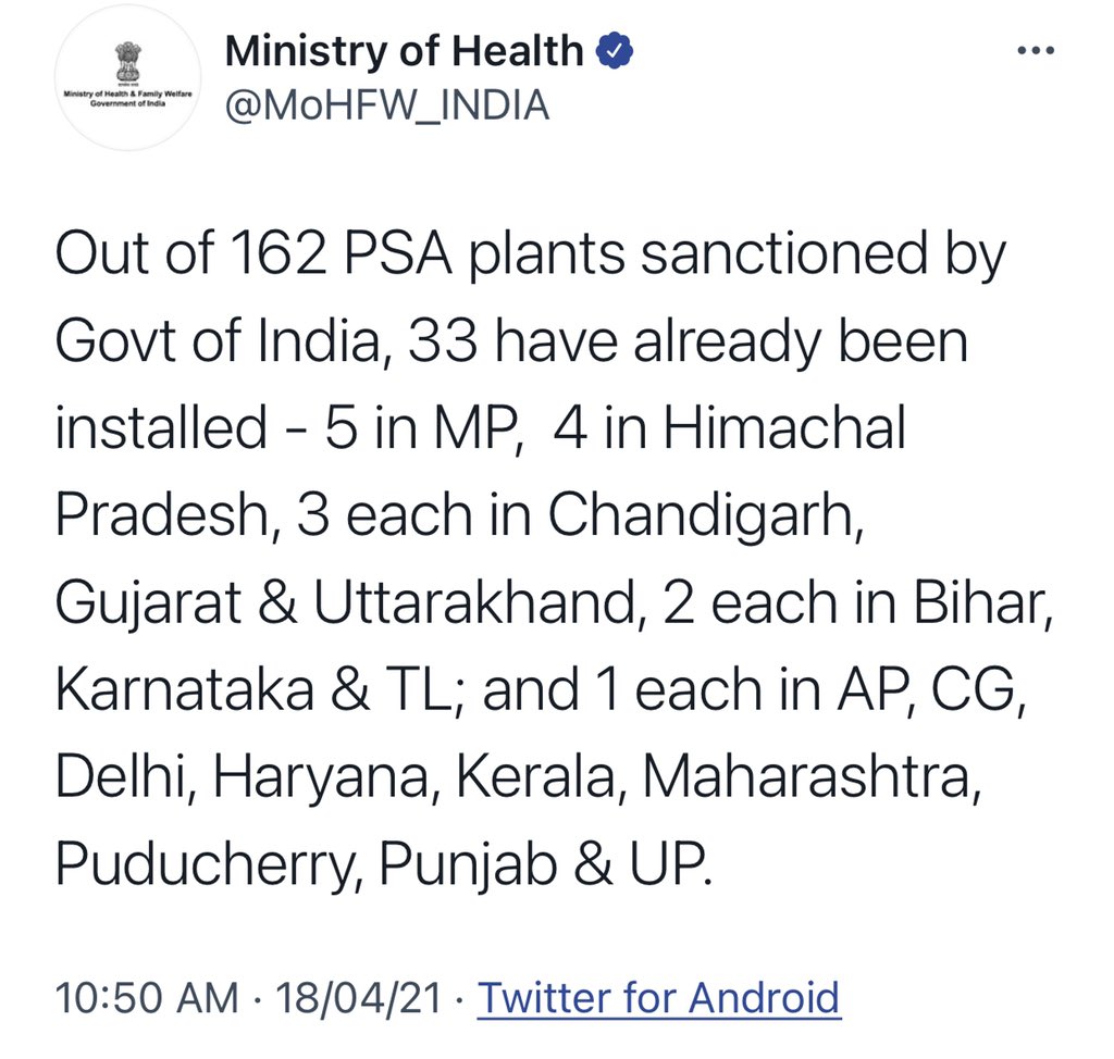 Shockingly, work on the installation and operational completion of the oxygen plants has proceeded at a tardy pace, as confirmed by the Union Government itself.Only 33 (of the 162 sanctioned) have been installed and as the  #CoronaSecondWave broke, only 5 were operational!