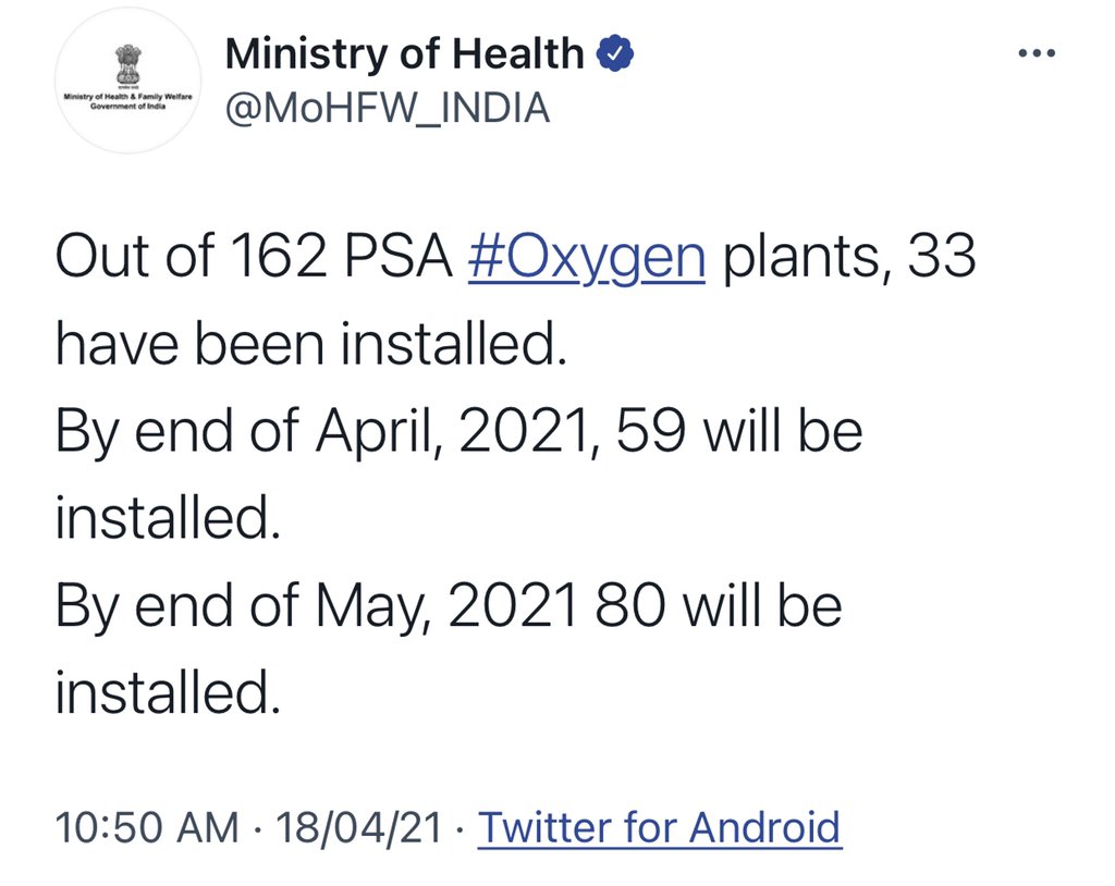 Shockingly, work on the installation and operational completion of the oxygen plants has proceeded at a tardy pace, as confirmed by the Union Government itself.Only 33 (of the 162 sanctioned) have been installed and as the  #CoronaSecondWave broke, only 5 were operational!