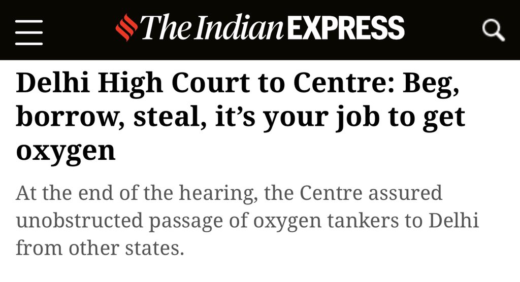 The Delhi High Court in fact pulled up the Union Government for non-compliance in very strong language, on 22nd April, 2021.Link to a report on the proceedings is here: https://www.google.com/amp/s/indianexpress.com/article/cities/delhi/delhi-high-court-centre-oxygen-supply-hospitals-covid-19-7283552/lite/