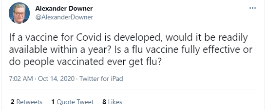 October 14, 2020Downer still giving out COVID advice from his comfy self-appointed epidemiologist chair while lamenting the fact he doesn't know the factsDespite every trapping of privilege Downer chose not to inform himself of the science. Still hasn't #auspol  #insiders