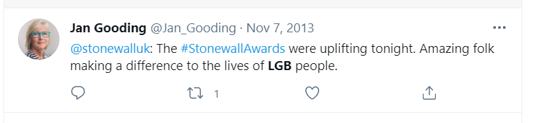 Jan Gooding was Stonewall's chair throughout Stonewall's transition, among other things.  https://www.mrs.org.uk/article/mrs/jan-gooding-to-become-president-of-mrs