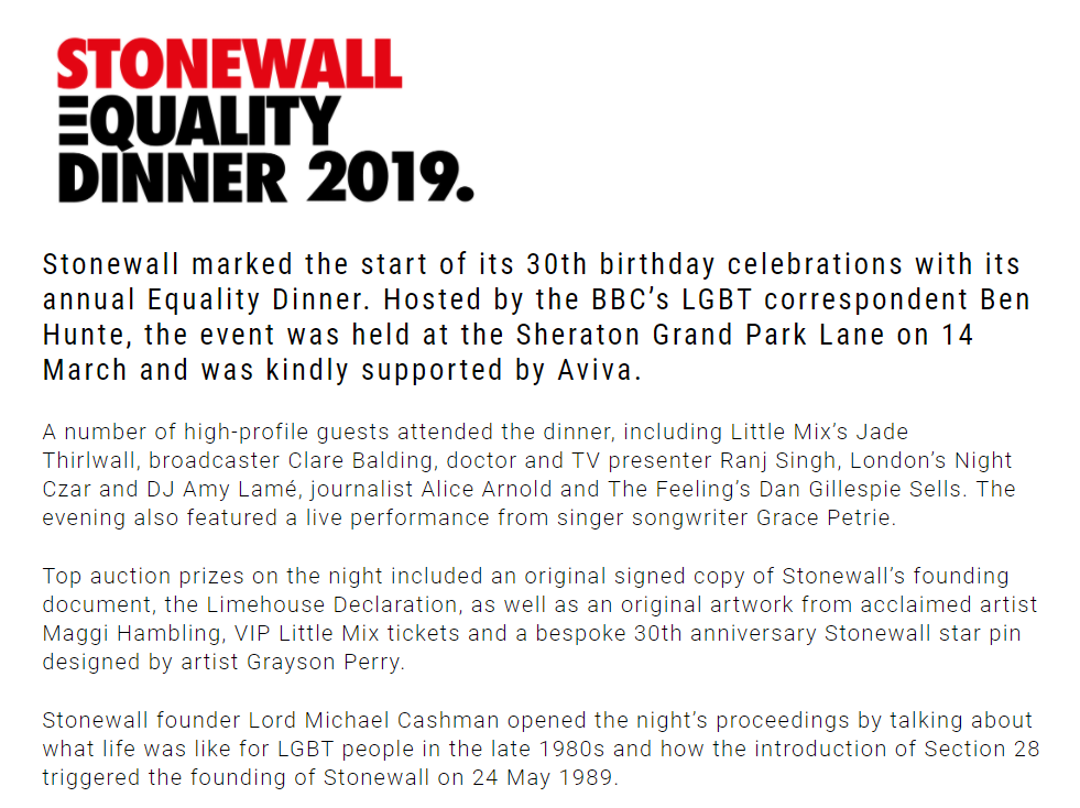 Stonewall's 2019 equality dinner was sponsored by Aviva, shortly after Gooding stopped working there. It was also hosted by then BBC LGBT correspondent Ben Hunte...