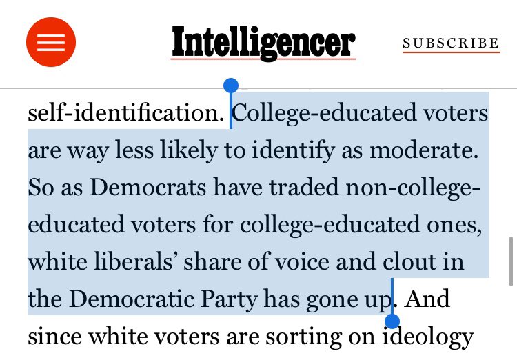 In other words:Democrats have swapped blue collar workers & people of color for a party of uppity White liberals & their bootlicking friends who share a radical socialist agenda.But in doing so, they’ve created an opening — including w/ Black, Hispanic, and Asian voters.
