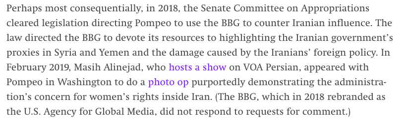 Oh yes, I suppose the primary focus of this thread. Alinejad is quite literally paid by the US government.Keep in mind, VOA is owned, operated and funded by the US government. https://theintercept.com/2019/08/13/trump-voa-persian/