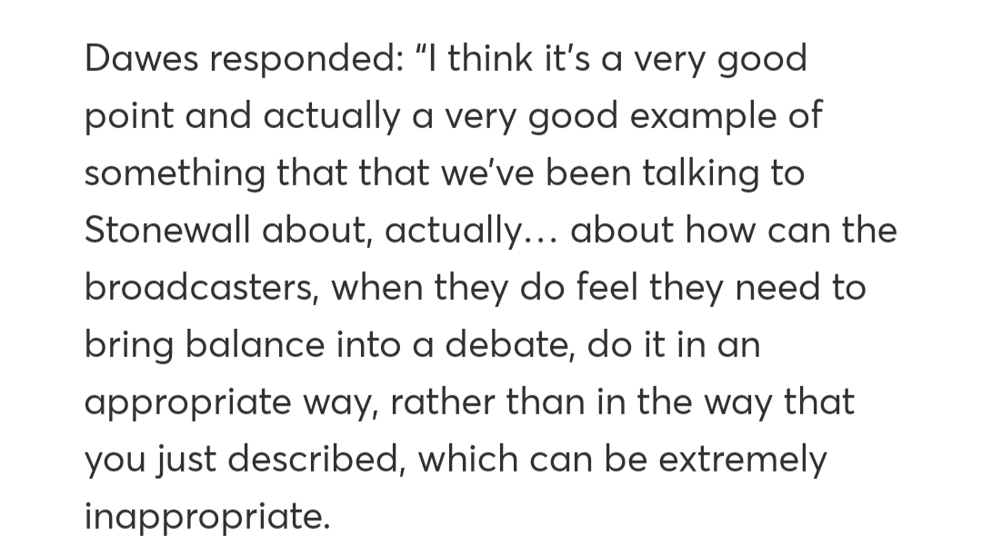 The number and reach of Stonewall's tentacles is extraordinary.In a zoom chat last year, SNP MP John Nicolson called LGB Alliance a hate group, hinting broadcasters should shun them.Ofcom CEO agreed and said she was taking advice from stonewall.Ofcom later backtracked...