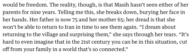 Oh, yeah, almost forgot. Alinejad really wants to see her parents again.Despite insulting her mother for her lack of education and saying her father disowned her and calls her a traitor.  https://www.theguardian.com/global/2018/jun/03/the-wind-in-my-hair-one-womans-struggle-against-being-forced-to-wear-hijab?CMP=twt_gu https://hooktube.com/watch?v=K50JASjt3X0