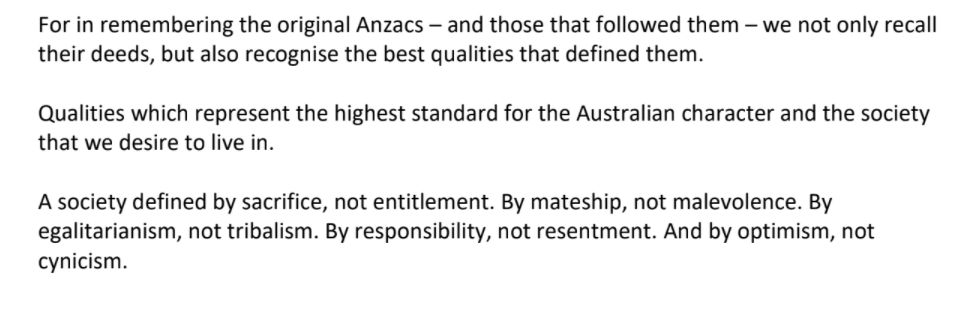 Round up of the language from  #auspol politicians for Anzac Day.1) Defence Minister Peter Dutton describes a society very different from what we see in Australia today.