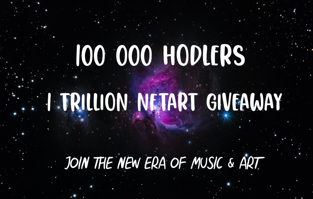 👑100 000 HOLDERS GIVEAWAY 👑 Current prize pool value: 8600 USD. 1 lucky winner will receive 500 Billion NFTART tokens, and 5 others will get 100 Billion each! To enter like, comment, follow us & retweet this post. Winners will be announced 1st May 2021. #NFTART