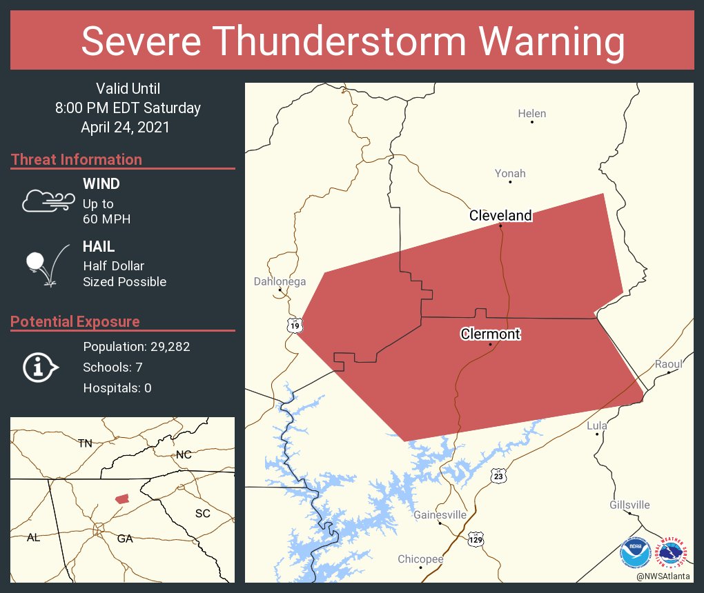 Severe Thunderstorm Warning continues for Cleveland GA, Clermont GA until 8:00 PM EDT