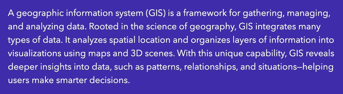 "A geographic information system (GIS) is a framework for gathering, managing, and analyzing data." To learn more about GIS, click here:  https://esri.com/en-us/what-is-gis/overviewAs Jones herself has previously pointed out, geography is not data science.
