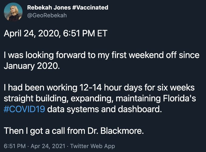April 24, 2020, 6:51 PM ETBy all accounts, Rebekah Jones was working long hours to build and update the Dashboard.However, Jones never had a responsibility (or ability) to maintain Florida's data systems. That is not the job of a GIS Manager.  http://www.floridahealth.gov/diseases-and-conditions/disease-reporting-and-management/disease-reporting-and-surveillance/surveillance-systems.html