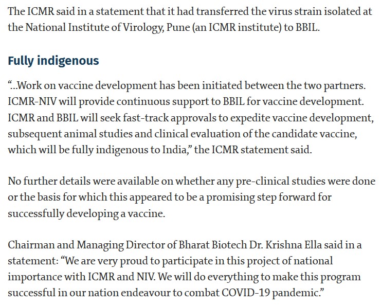 Covaxin is a product of Indian public funded research. Its SARS-CoV-2 strain was isolated in the National Institute of Virology, Pune under ICMR & transferred to BB for development & manufacture. A report in The Hindu said this on the agreement in April 2020; see snapshot. 4/n