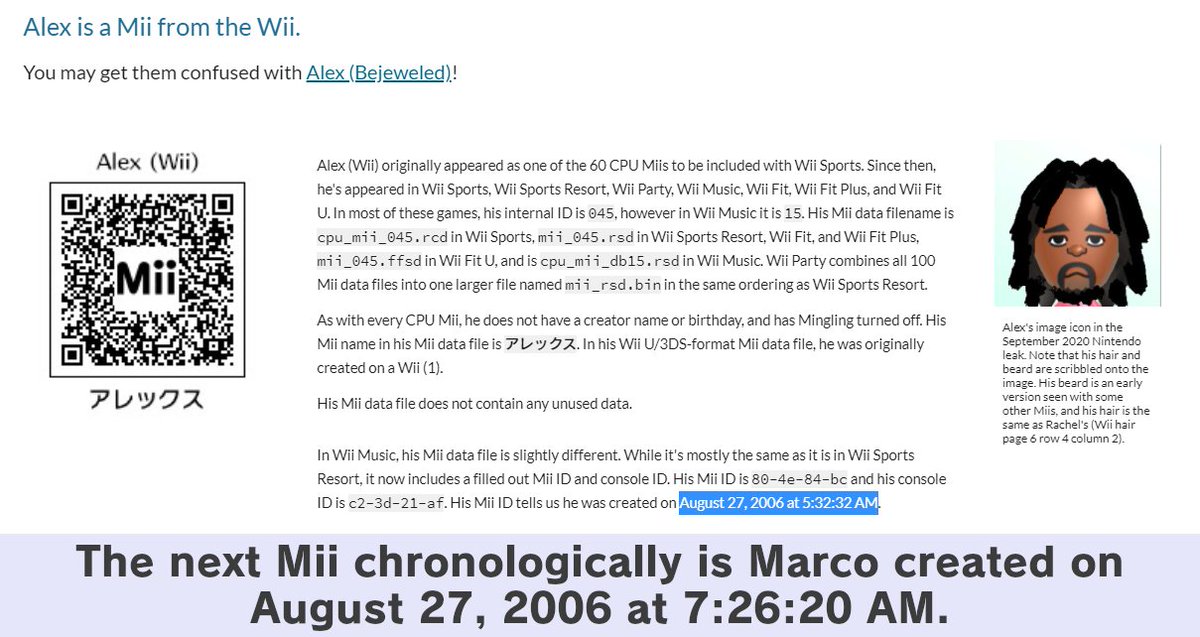 organizing the Miis in chronological order, we can get a rough guesstimate on how long it took each Mii to be made. going by this, the longest Mii was Alex (Wii) ( https://sites.google.com/view/miilibrary/RFL/WiiSports/045_Alex-Wii) and took 1:53:48. the shortest Mii was Tatsuaki ( https://sites.google.com/view/miilibrary/RFL/WiiSports/005_Tatsuaki) and took 3:40.