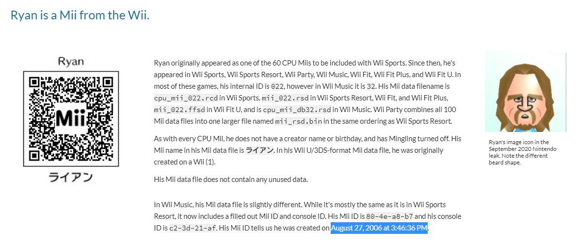 obviously, this is not counting between days, because there's no telling at that point. but the last Mii made on August 27th, 2006, was Ryan ( https://sites.google.com/view/miilibrary/RFL/WiiSports/022_Ryan), and the first Mii made on August 30th was Jake ( https://sites.google.com/view/miilibrary/RFL/WiiSports/023_Jake) (at three AM!! again!!!)