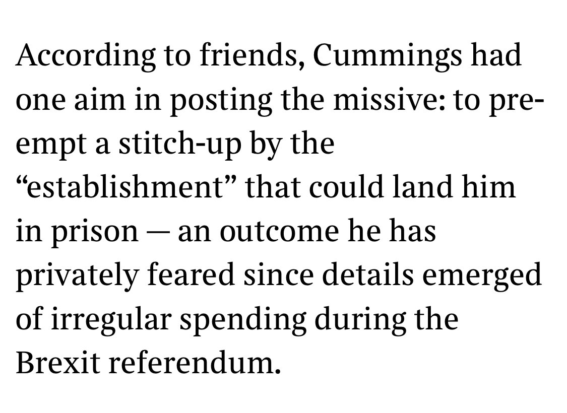 9/ Times suggests Cummings fears prosecution over Vote Leave and leaking. In fact the SFO and Electoral Commission should be all over this administration. Even the October leak is a live investigation. If Cabinet solidarity cracks all bets are off (Gove characteristically MIA)