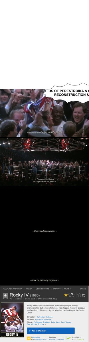 EndgamePanacea's tweet photo. HOLLYWOOD DECEPTION &amp; SOVIET SUBVERSION.
ROCKY IV (1985). Gorbachev became Head of Soviet;Two years earlier,A.Harriman met Andropov(Ex KGB Chief-President) to discuss ''Collapse'' secretly.
REMEMBER! HOLLYWOOD ALWAYS PREPARE PEOPLE 4 BIG SURPRISE.
#PERESTROIKAHOAX &amp; #GLASNOSTHOAX https://t.co/KqYB2mOce3