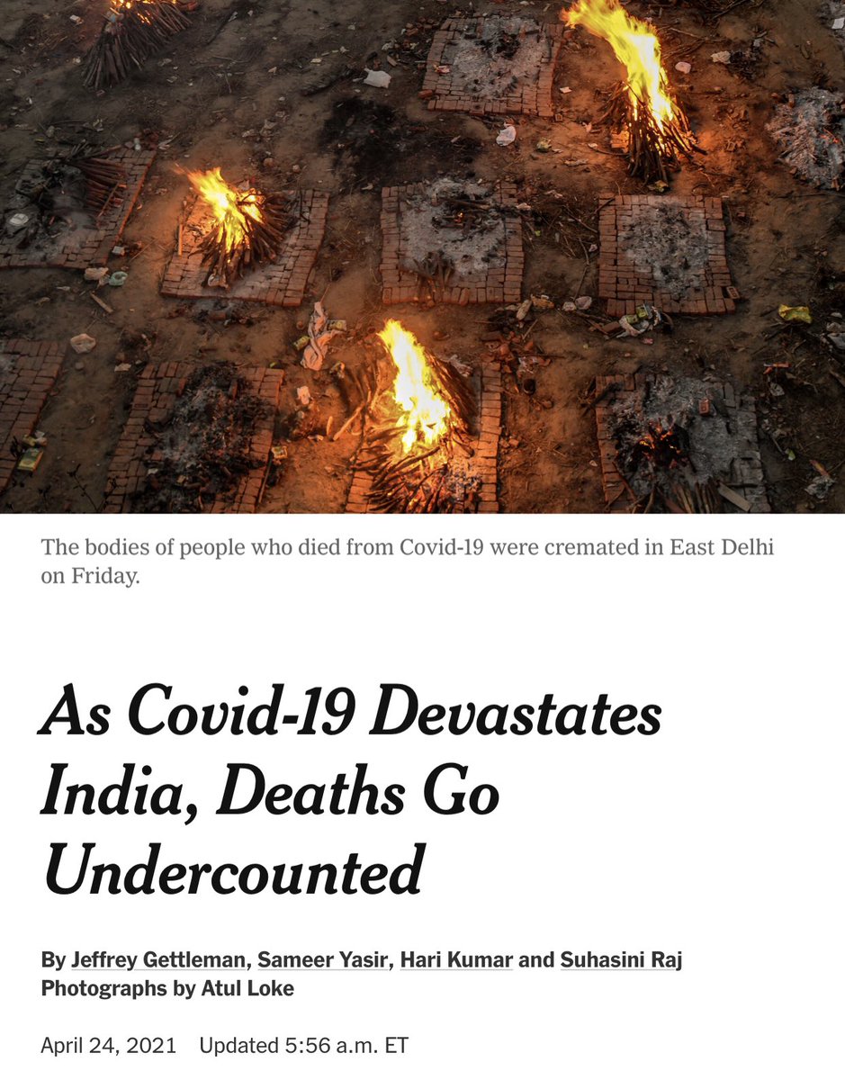 HUGELY UNDERCOUNTING DEATHS—India is either sloppy in miscounting  #COVID19 deaths, or they are criminally covering up overwhelming deaths. All signs & reporting points either one or the other—“It’s a complete massacre of data”. Real deaths 2x-5x higher. https://www.nytimes.com/2021/04/24/world/asia/india-coronavirus-deaths.html?referringSource=articleShare