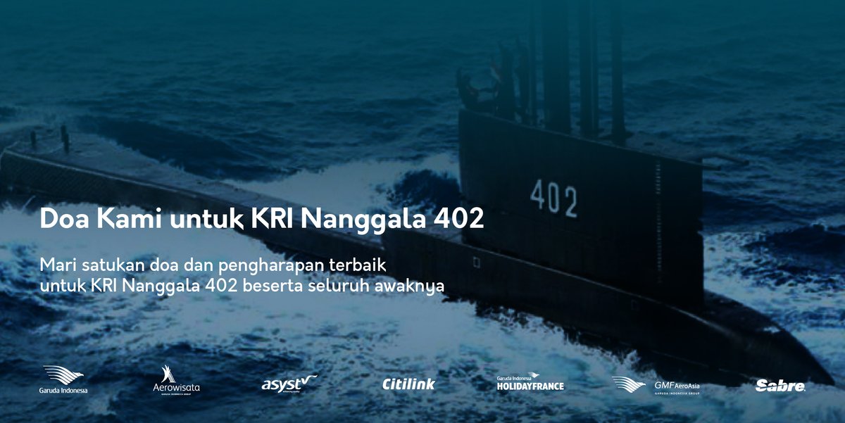 Segenap Keluarga Besar Garuda Indonesia Group menyampaikan rasa belangsungkawa yang mendalam atas peristiwa tenggelamnya KRI Nanggala 402. Mari satukan doa & pengharapan terbaik untuk seluruh patriot bangsa awak kapal KRI Nanggala 402. #PrayForNanggala402