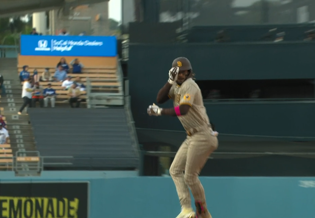 mike_petriello's tweet photo. Tatis after homering off Bauer, and I will be laughing uncontrollably for the next 1000 minutes https://t.co/aqgfnymyDm
