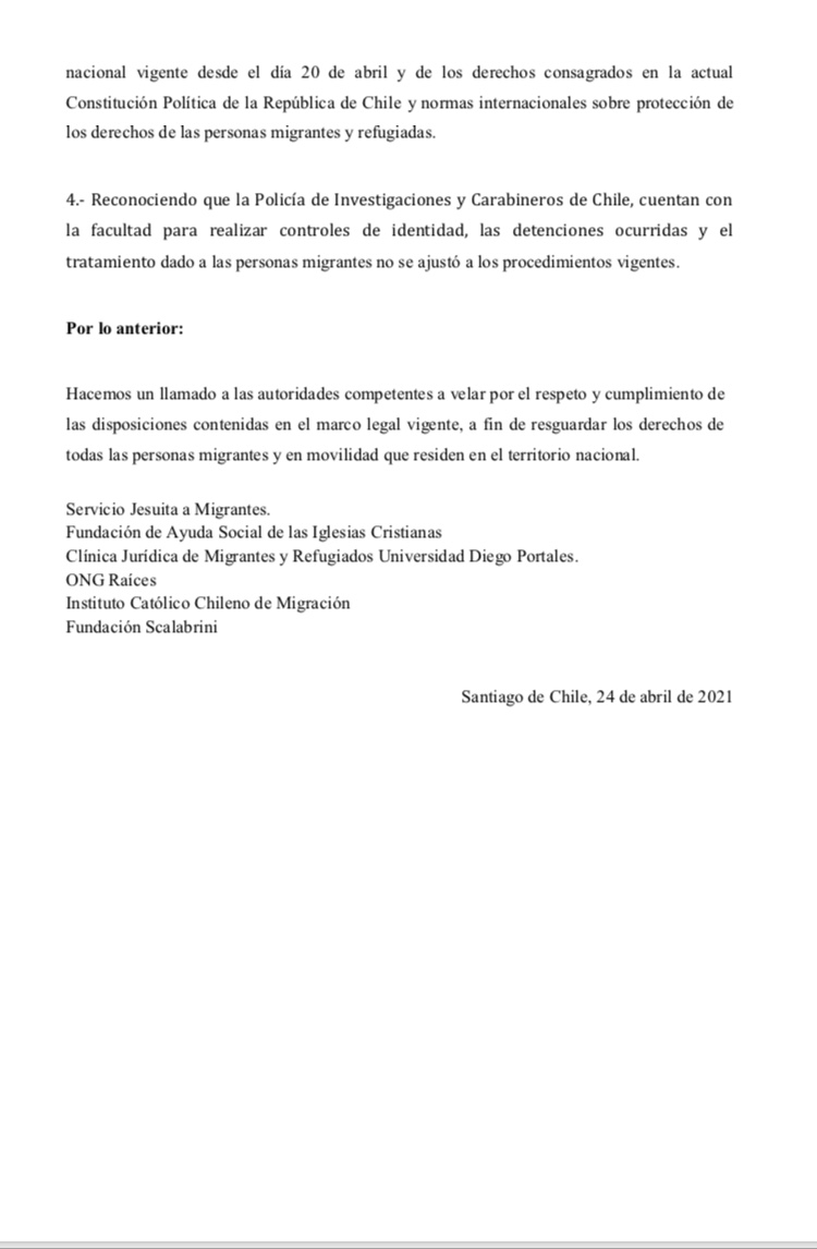 OngRaices's tweet photo. Urgente:  Declaración de la Red de Protección en Fronteras frente a la expulsión arbitraria de
 personas extranjeras posterior a ser publicada la nueva Ley de Migraciones en Chile #Migracion https://t.co/9cnBiKj2VO
