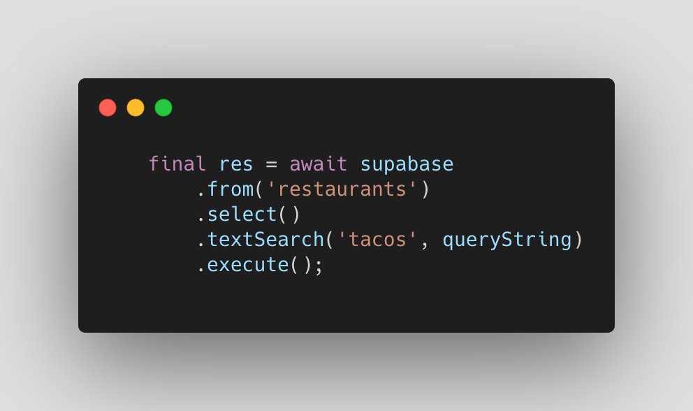 New textSearch method allows you to easily do a free word search of your @supabase_io database from your @FlutterDev app 🎉 🌮