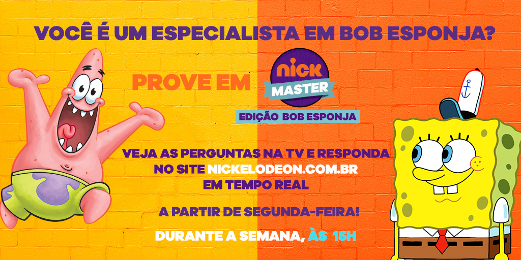 Nickelodeon on X: Quer ver o quanto você sabe sobre Bob Esponja? 🌊🍍 Só  os especialistas passarão. 🗣️🗣️🗣️ Fique ligado, a partir de  segunda-feira, às 15h! #nickmaster  / X