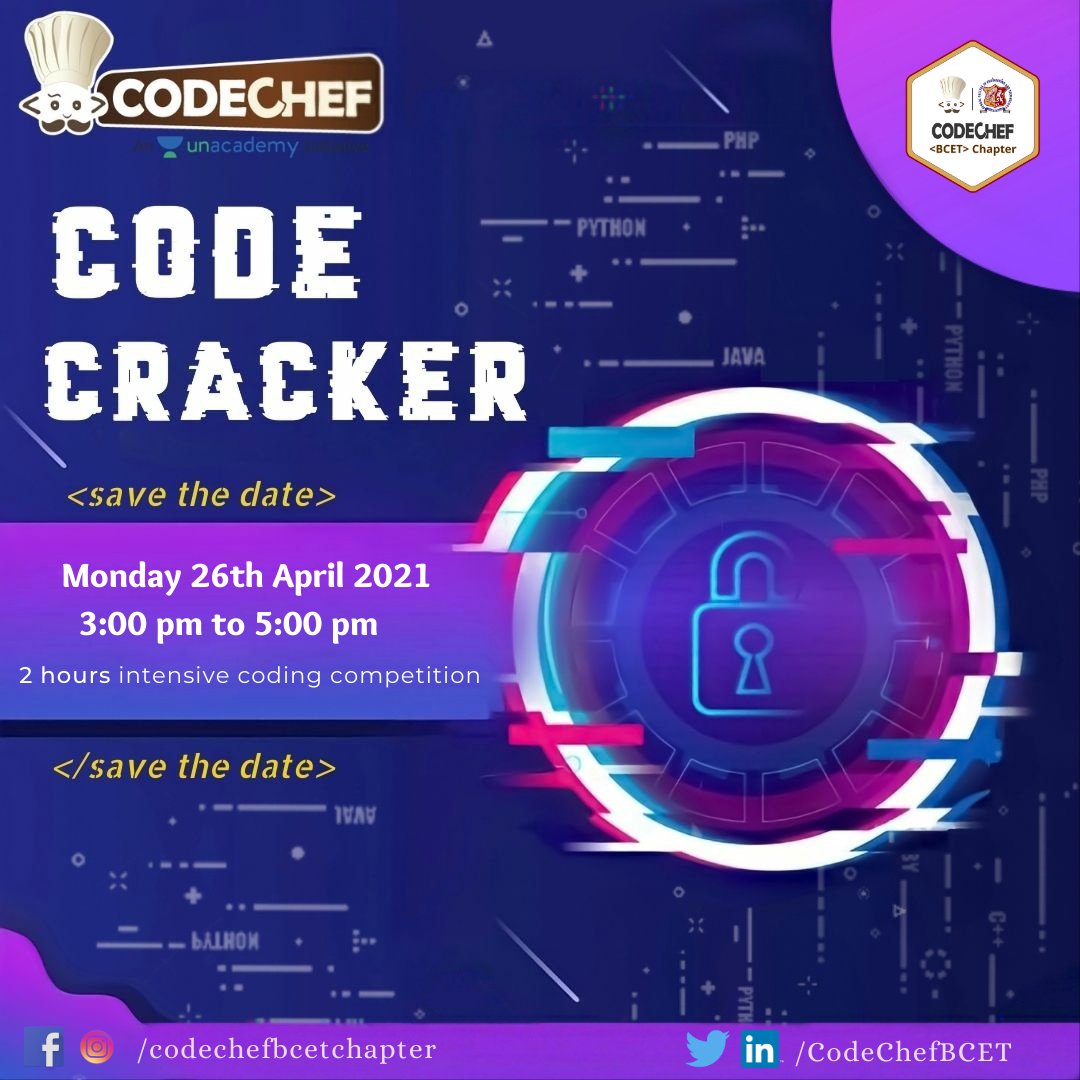 CodeChefBCET's tweet image. Get ready to showcase your CP skills. Get ready to assess how much you gained from our special session on &quot;Headstart to Competitive Programming&quot;.💯
📌 Details of the contest :
Date - 26th April, Tuesday
Time - 3:00 pm to 5:00 pm
Duration - 2 hours
Platform - CodeChef
@codechef