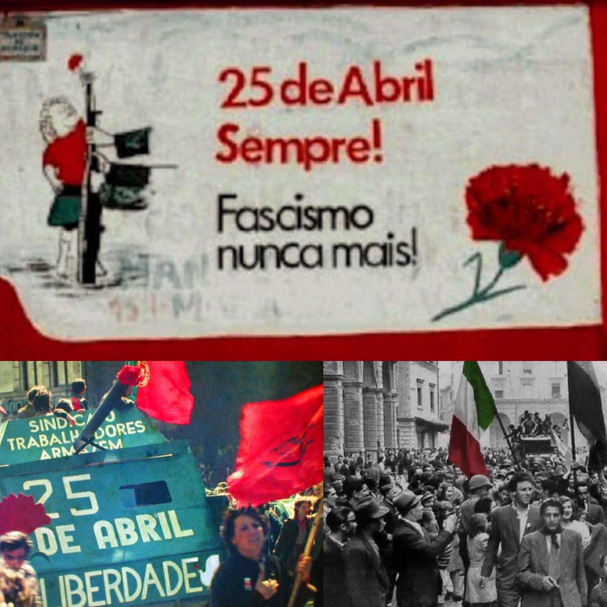 FASCISMO NUNCA MÁS 

 El #25Abril 
un día histórico
dla lucha contra el FASCISMO

✒️la #RevoluciónDeLosClaveles 🇵🇹 en #Portugal 

✒️la #Liberazione 
🇮🇹 d #Italia 

🔊Grândola, Vila Morena 

youtu.be/gaLWqy4e7ls

#25deabrilsempre #fascismoNuncaMais #NoAlFascismo #FelizDomingo