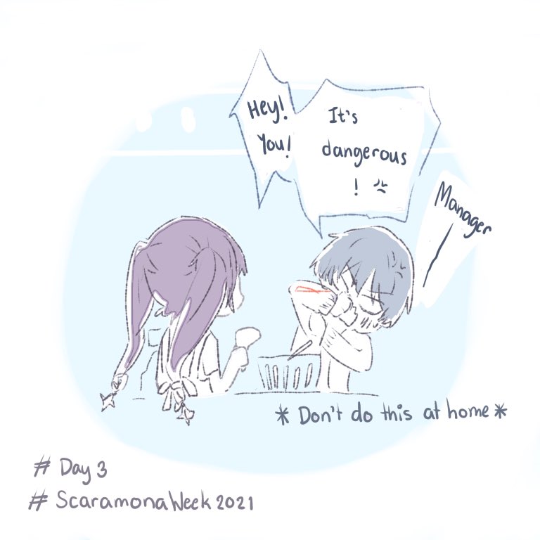 My quick doodle for #ScaramonaWeek2021 
Day 3: Part-time Job

#GenshinImpact #Genshinfanart #scaramona 