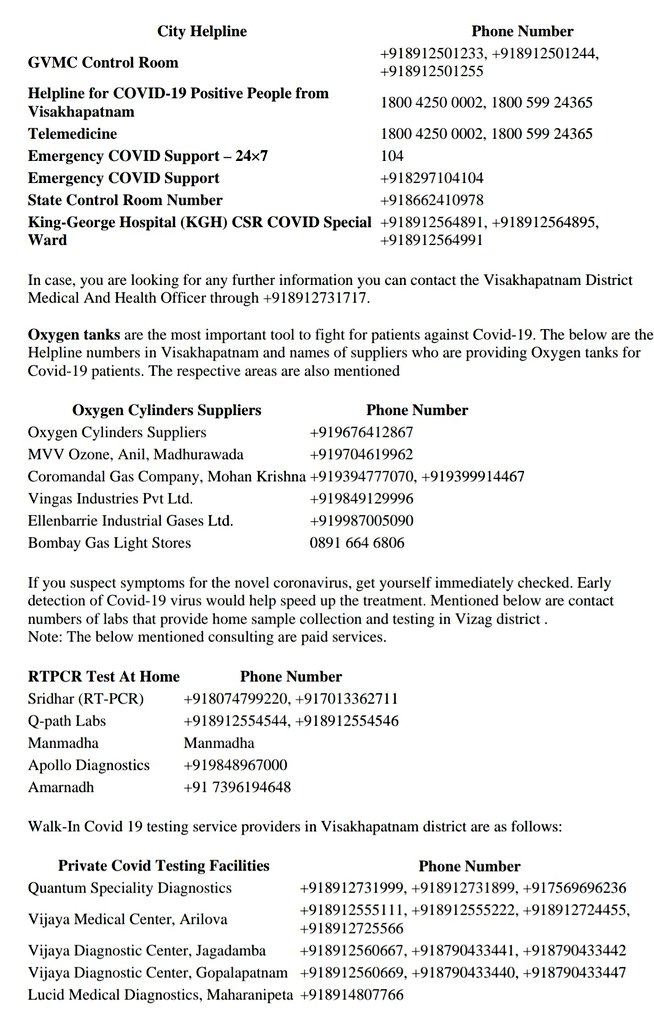 GopiKishorRaja2's tweet photo. #COVIDEmergency2021 information for #vizag people..
Please share &amp; save...
Take care..
#StayHome #StaySafe 
#HelpLines &amp; #Testing Centers
#NodelOfficers
#remdesivirinjection centers.. Some info is there.. https://t.co/snsrCN20Yb