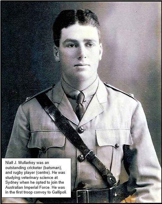 2/13Most outstanding of the sons was Niall, born 1895.On the death of his father he was awarded a scholarship to St Joseph’s College where he excelled. Aug 1914: He left university to be a private in the 1st Battalion AIF to go to Gallipoli.Selected for officer school in Egypt