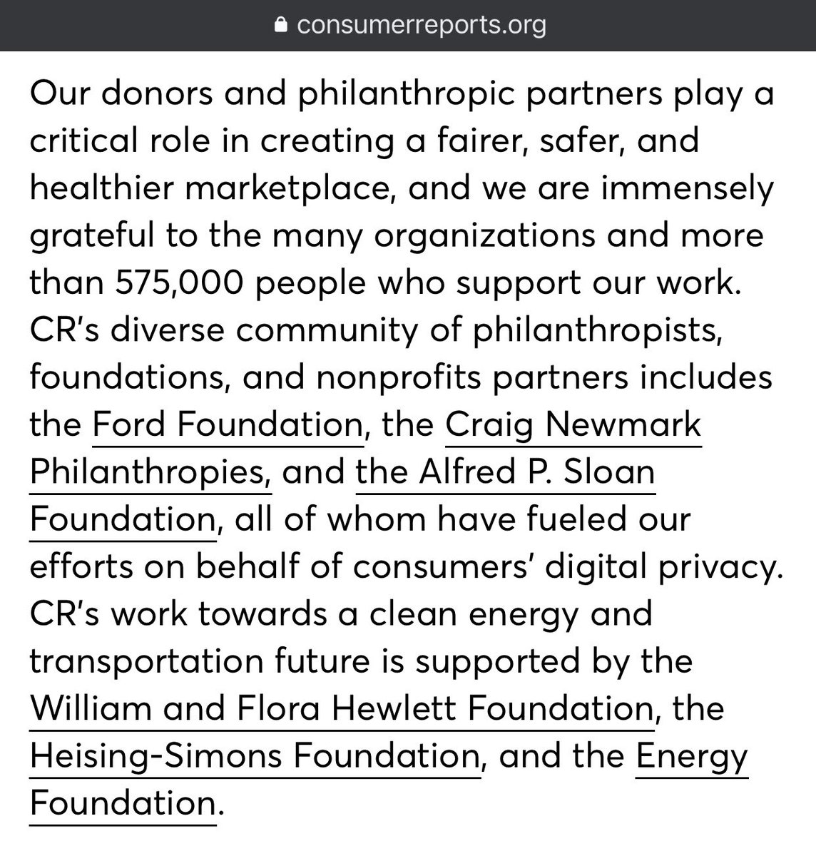 Consumer Reports no longer takes ad money, so who pays them to run their business?Consumer Reports is organized as a “non-profit”Of its six largest “philanthropic partners”, #1 Ford#3 GM#6 Big OilA thread 1/x 